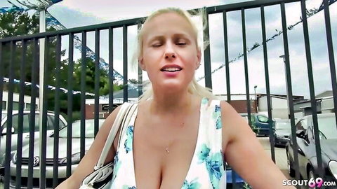 Angel Wicky huge saggy boobs in low-cut floral dress at public casting