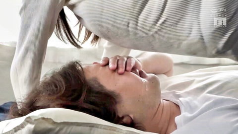 Japanese stepmom teases stepson by hovering crotch over his blindfolded face on bed