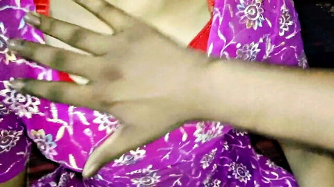 Desi hand groping Indian wife in sheer purple saree and red bra