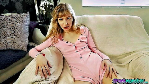 Petite Mackenzie Moss in pink snap onesie lounging seductively