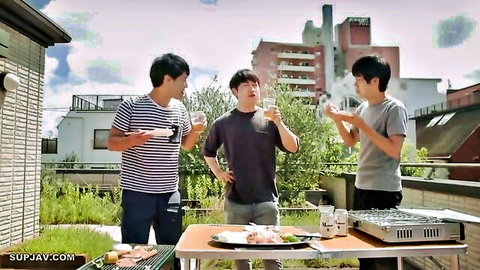 Three Japanese men barbecuing on rooftop in Yumi Kazama JAV