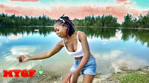 Hazel Grace nude riding Sean Lawless outdoors by lake