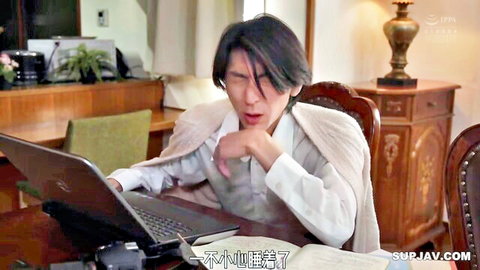 Intense Asian man in white shirt, hand on chin, JAV temptation scene