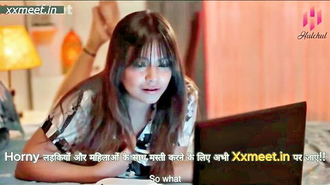 Desi woman in casual top surprised on bed with laptop, Bachpana web series thumbnail