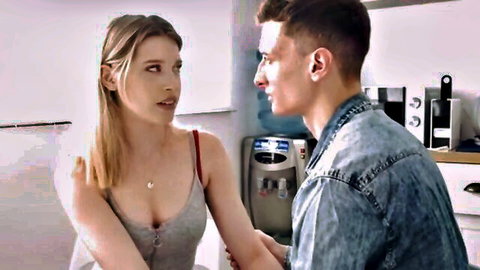 Freya Mayer in low-cut tank top with Charlie Dean intimate kitchen tease
