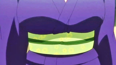 Anime futa beauty in purple swimsuit with large breasts and floral obi belt