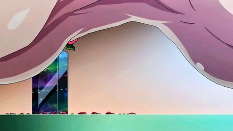Surreal hentai illustration: purple cave with glowing crystal tower and rose petals
