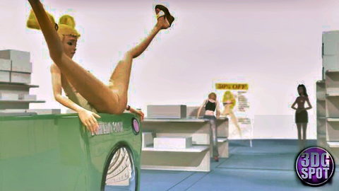 3D busty blonde in yellow dress poses with leg up for lesbian double dildo in store