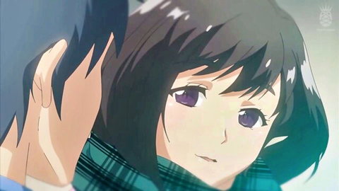 Romantic anime girlfriend with black hair and purple eyes in intimate scarf embrace
