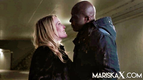 Blonde Mariska intimately close with black stud in jackets
