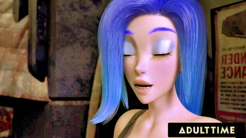 Seductive blue-haired futanari anime girl with half-closed eyes