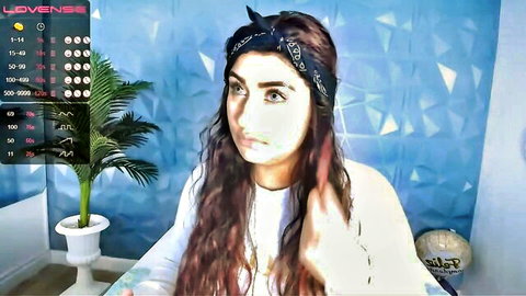 Hot Latina plumper with bandana and wavy hair on webcam, seductive gaze