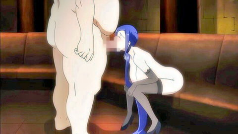 Blue-haired hentai girl in tight white bodysuit and stockings squats to suck muscular hunk's cock, censored