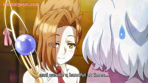 Hentai anime girl with orange hair holding purple orb staff smiling at white-haired character