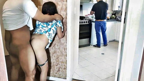Asian woman bent over exposed for intense doggy from behind in kitchen doorway