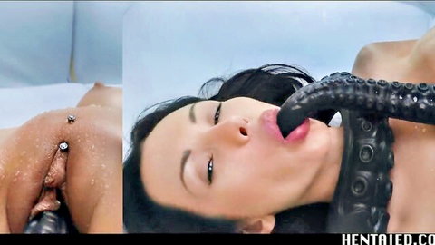 Pierced Asian babe sucks massive black octopus tentacle dildo with exposed pierced pussy