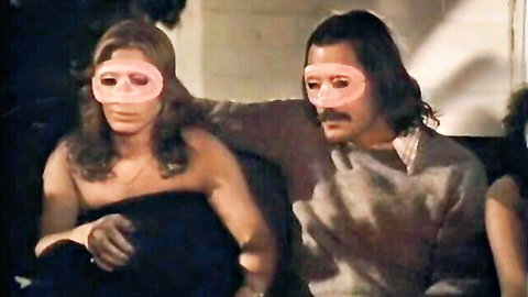 Vintage 1979 masked couple in intimate embrace from Sweet Dreams Suzan