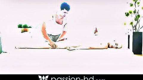 Handsome masseur rubs nude babe's perfect ass during sensual erotic massage