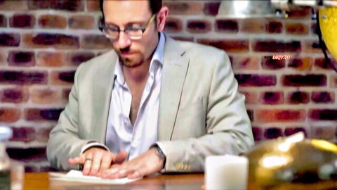 Suited man in open shirt hotel scene with MaviePearl, dirty fuck vibe