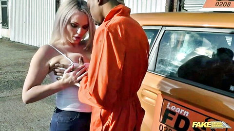 Louise Lee blonde exposing tits to black instructor in Fake Driving School