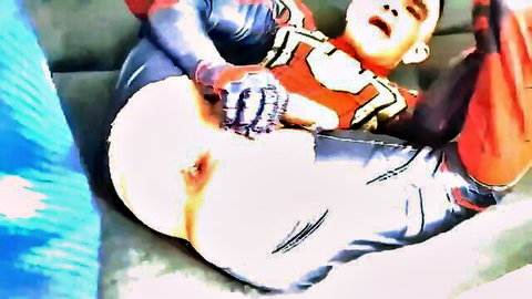 Spider-Man cosplay twink on couch with white panties pulled aside exposing tight asshole for gloved anal fingering