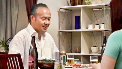 Rin Aoki in cozy dinner scene with Asian man, JAV couple setup
