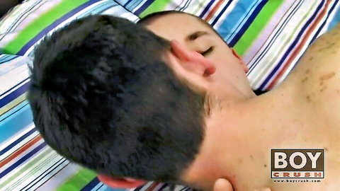 Garrett Emerson and Krist Cummings gay twink couple intimate on bed