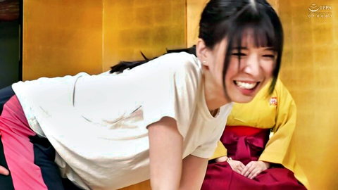Japanese teen exposes perky tits through ripped white shirt laughing on all fours in pink shorts with kimono girl