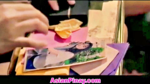 Hands holding and spreading colorful photos of cute Asian Pinay teen girl in white top