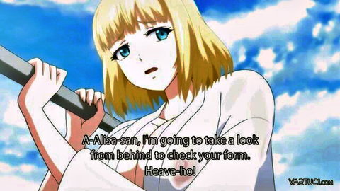 Blonde anime girl in white uniform surprised as guy checks her form from behind during heave-ho lift