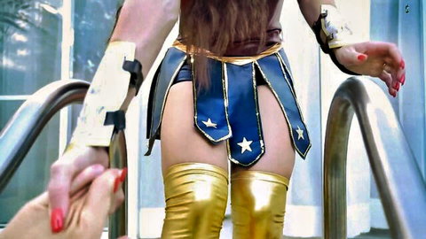Diana Wellness as Wonder Woman cosplay, big ass exposed in public walk