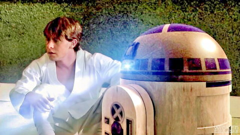 Star Wars XXX parody: sexy Luke Skywalker cosplay with R2-D2 droid