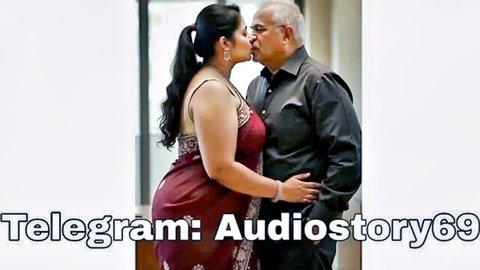 Sexy Indian wife in red saree passionately kissing older man
