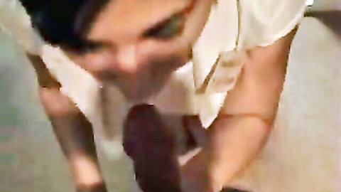 Mature pharmacist MILF giving intense blowjob at work in white uniform