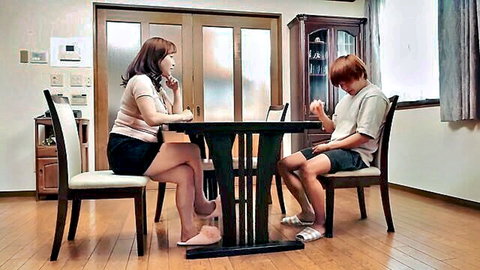 Japanese MILF in short skirt chats with cheeky redhead son at table