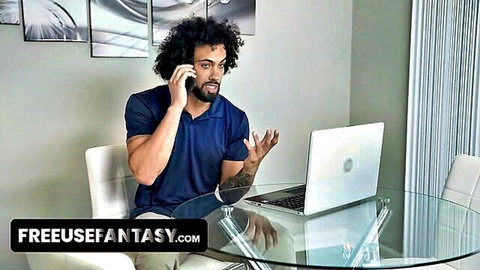 Muscular man on phone in office, teasing Freeuse Fantasy with big boobed blonde babe action