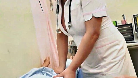 Honoka Orihara as busty Japanese nurse in low-cut uniform examining patient