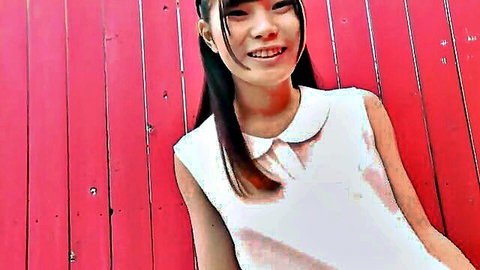 Miya Amamiya smiling in white collar dress outdoors, cute Asian teen