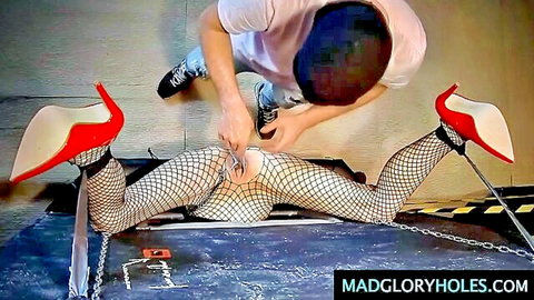 Amateur glory hole babe in fishnets and red heels bound for vaginal play