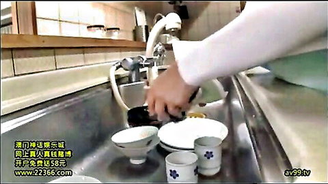 Kaho Shibuya washing dishes in kitchen sink, domestic JAV scene
