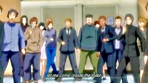 Anime group scene in hallway near toilets, comedic toilet invitation