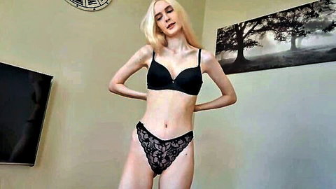 Blonde stepsister in black lace lingerie posing seductively