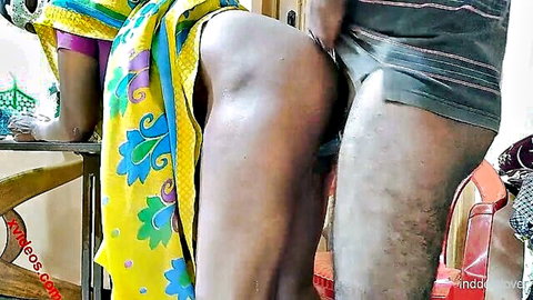 Indian woman in colorful saree fucked hard from behind by man