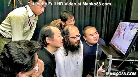 Blindfolded Asian woman gangbanged by group, watched by men
