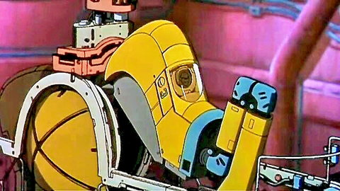 Animated yellow mecha suit with character face in sci-fi scene