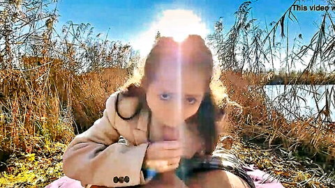 Mini Julia petite teen giving outdoor blowjob to huge cock in field