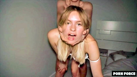 Big booty blonde teen in lingerie roughly pulled during intense sex