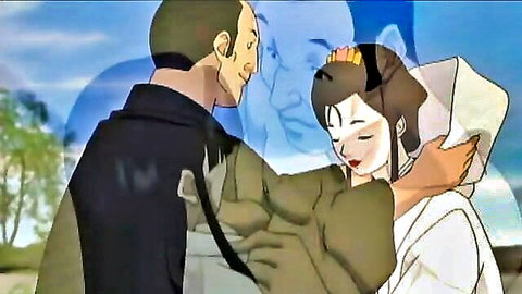 Anime couple in romantic embrace, woman in white kimono, man in dark uniform