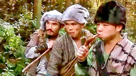 Three Asian men in traditional fur hats and robes in forest scene, historical drama vibe
