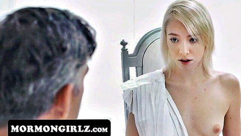 Young blonde Trillium topless in white drapery during intimate inspection
